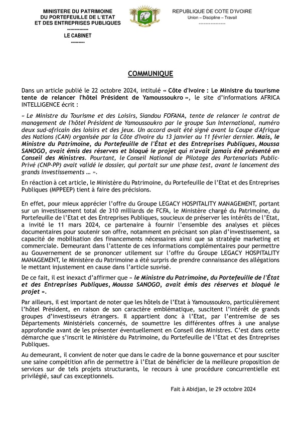 Affaire réhabilitation de l'hôtel Président à 310 milliards de FCFA : Le ministère du Patrimoine clarifie le dossier Affaire réhabilitation de l'hôtel Président à 310 milliards de FCFA : Le ministère du Patrimoine clarifie le dossier