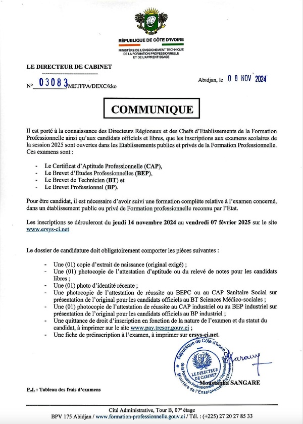 Examens CAP-BEP-BT 2025 Côte d'Ivoire : Les inscriptions lancées, tout savoir sur les nouvelles modalités Examens CAP-BEP-BT 2025 Côte d'Ivoire : Les inscriptions lancées, tout savoir sur les nouvelles modalités