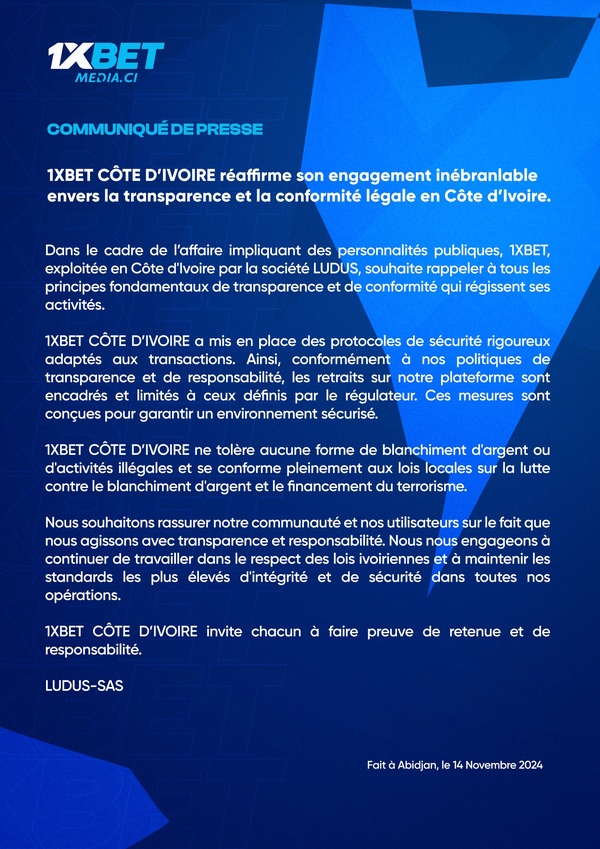 Transactions : 1XBET durcit ses contrôles en Côte d'Ivoire après l'affaire Apoutchou Transactions : 1XBET durcit ses contrôles en Côte d'Ivoire après l'affaire Apoutchou