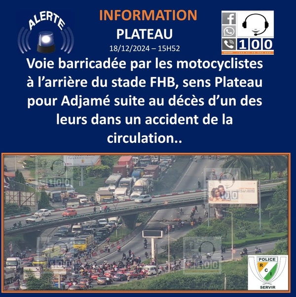 Plateau : les motocyclistes bloquent la circulation près du stade FHB © Crédit photo DR Plateau : les motocyclistes bloquent la circulation près du stade FHB © Crédit photo DR
