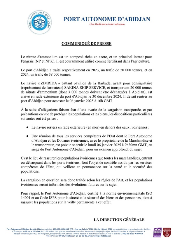 Affaire "navire ZIMRIDA transportant 20 000 tonnes de nitrate d'ammonium au Port d'Abidjan : le PAA fait des précisions Affaire "navire ZIMRIDA transportant 20 000 tonnes de nitrate d'ammonium au Port d'Abidjan : le PAA fait des précisions