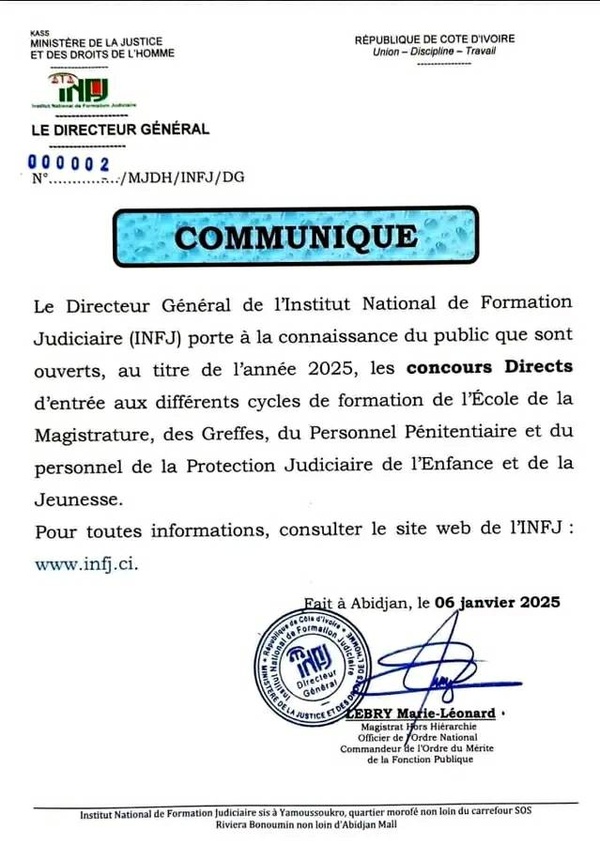 Concours INFJ 2025 Côte d'Ivoire : ouverture des inscriptions Concours INFJ 2025 Côte d'Ivoire : ouverture des inscriptions