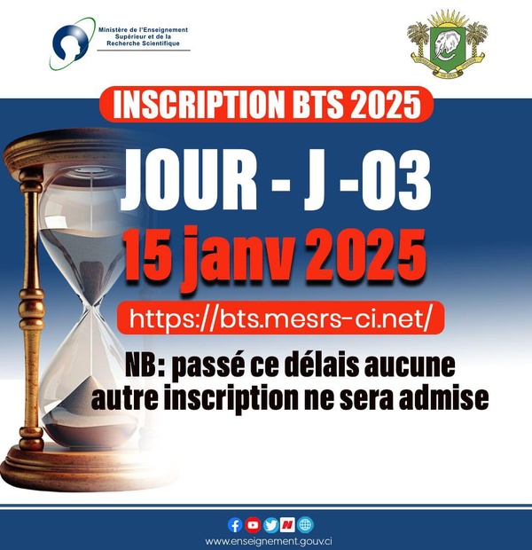 La plateforme examensbts.net ferme les inscriptions au BTS 2025 en Côte d'Ivoire le 15 janvier à minuit © Crédit photo DR La plateforme examensbts.net ferme les inscriptions au BTS 2025 en Côte d'Ivoire le 15 janvier à minuit © Crédit photo DR
