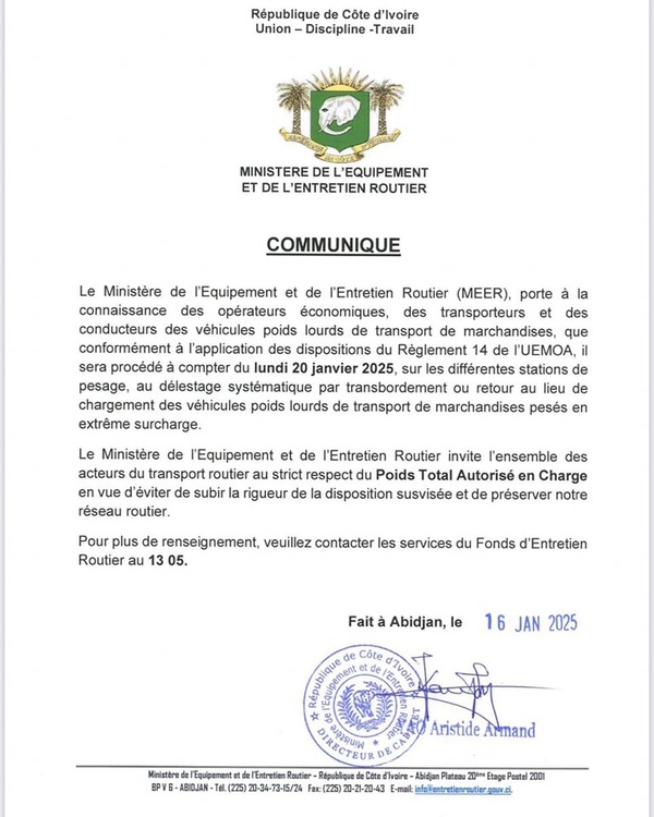 Surcharge routière : délestage obligatoire des poids lourds en Côte d'Ivoire dès ce 20 janvier
