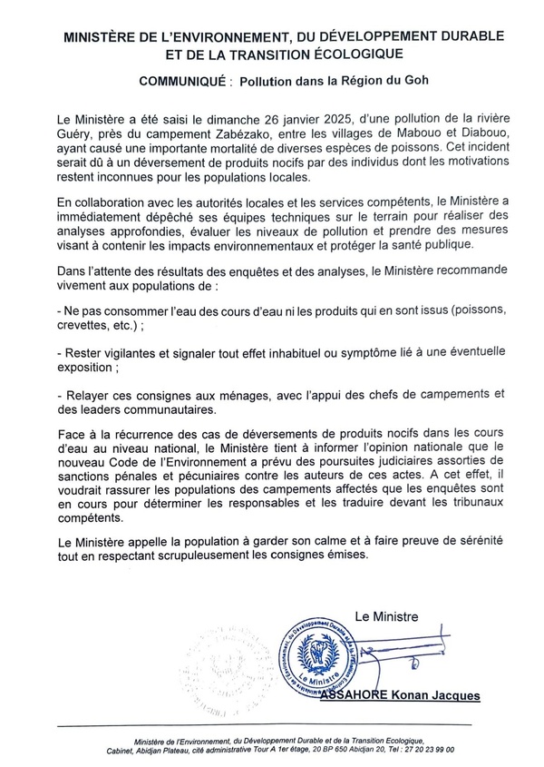 Pollution de la rivière Guéry : le Ministère ivoirien de l'Environnement active son plan d'urgence