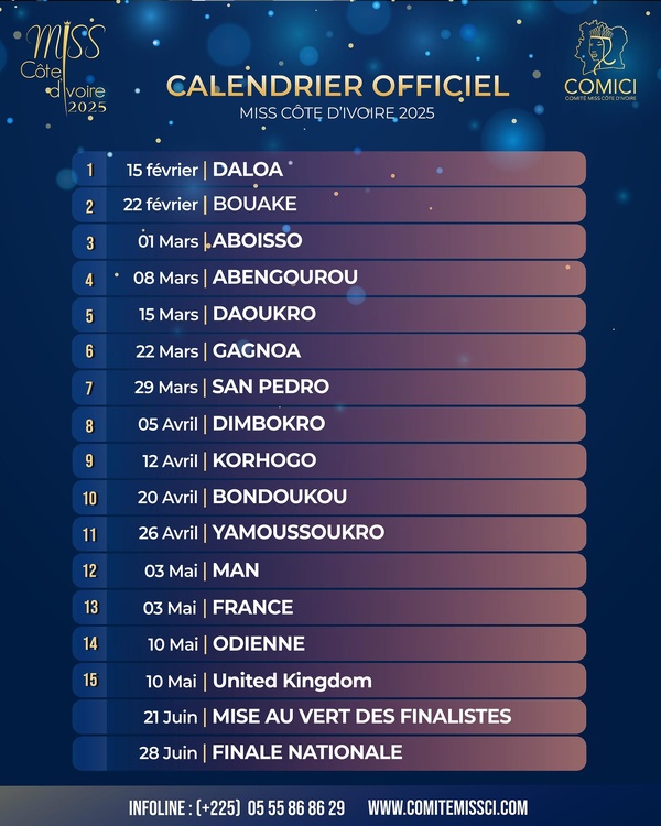 Présélections Miss Côte d'Ivoire 2025 : le calendrier dévoilé Présélections Miss Côte d'Ivoire 2025 : le calendrier dévoilé
