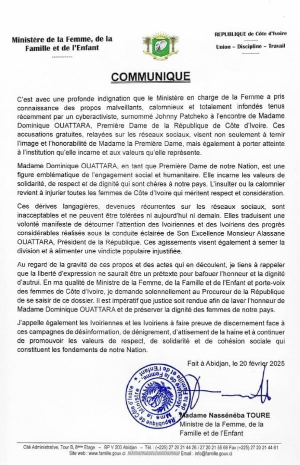 Le Ministère de la Femme condamne les attaques de Johnny Patcheko contre Dominique Ouattara : le Procureur invité à se saisir du dossier Le Ministère de la Femme condamne les attaques de Johnny Patcheko contre Dominique Ouattara : le Procureur invité à se saisir du dossier