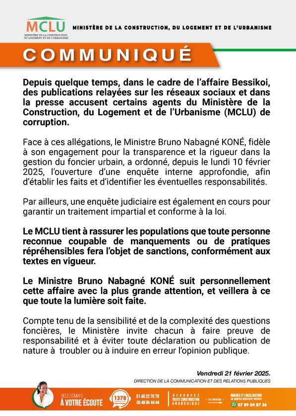 Corruption affaire Bessikoi : le ministre Bruno Koné lance une enquête interne Corruption affaire Bessikoi : le ministre Bruno Koné lance une enquête interne