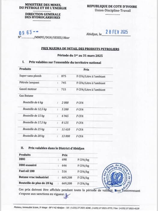 Carburants en Côte d'Ivoire : voici les prix du Super et du Gasoil dès ce 1er mars 2025 Carburants en Côte d'Ivoire : voici les prix du Super et du Gasoil dès ce 1er mars 2025
