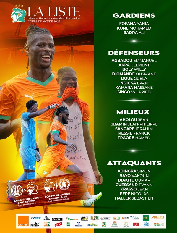 Éliminatoires Mondial 2026 : liste des 23 joueurs ivoiriens retenus Éliminatoires Mondial 2026 : liste des 23 joueurs ivoiriens retenus