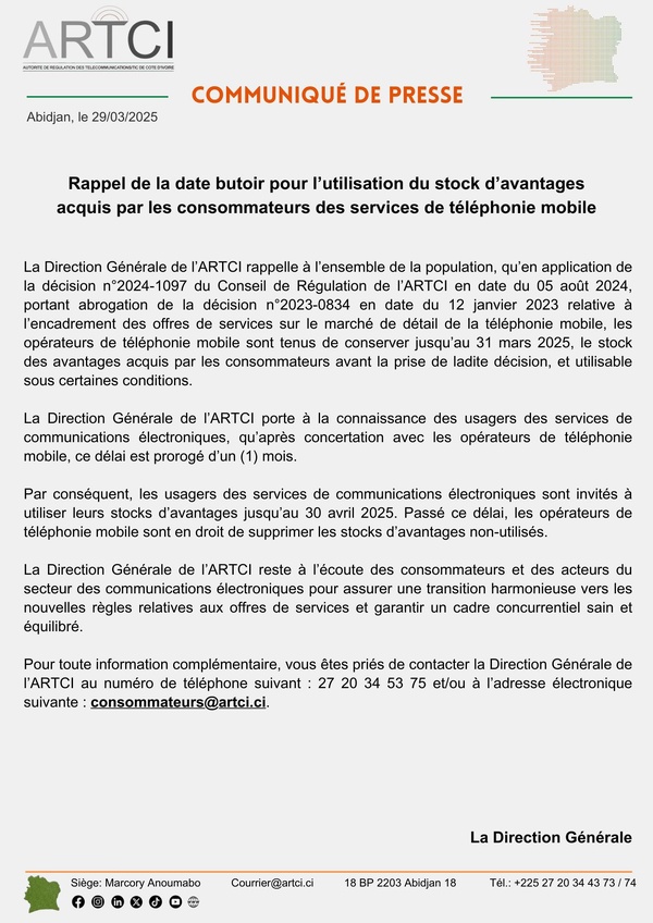 L'ARTCI prolonge la date limite de l'utilisation des forfaits téléphoniques Orange, MTN et MOOV L'ARTCI prolonge la date limite de l'utilisation des forfaits téléphoniques Orange, MTN et MOOV