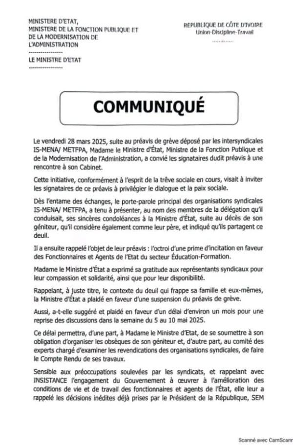 Prime des enseignants : Anne Ouloto obtient des syndicats un délai d'un mois Prime des enseignants : Anne Ouloto obtient des syndicats un délai d'un mois