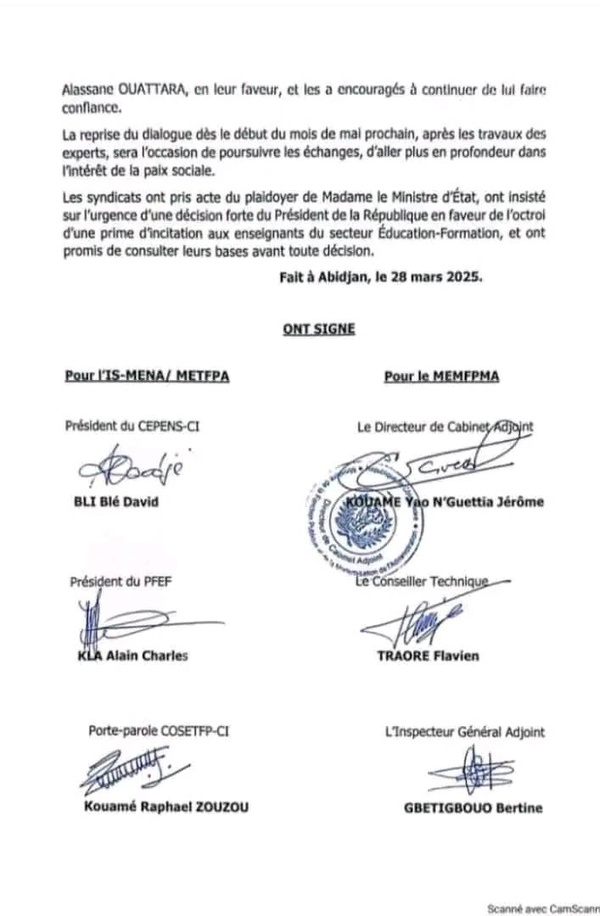 Prime des enseignants : Anne Ouloto obtient des syndicats un délai d'un mois Prime des enseignants : Anne Ouloto obtient des syndicats un délai d'un mois