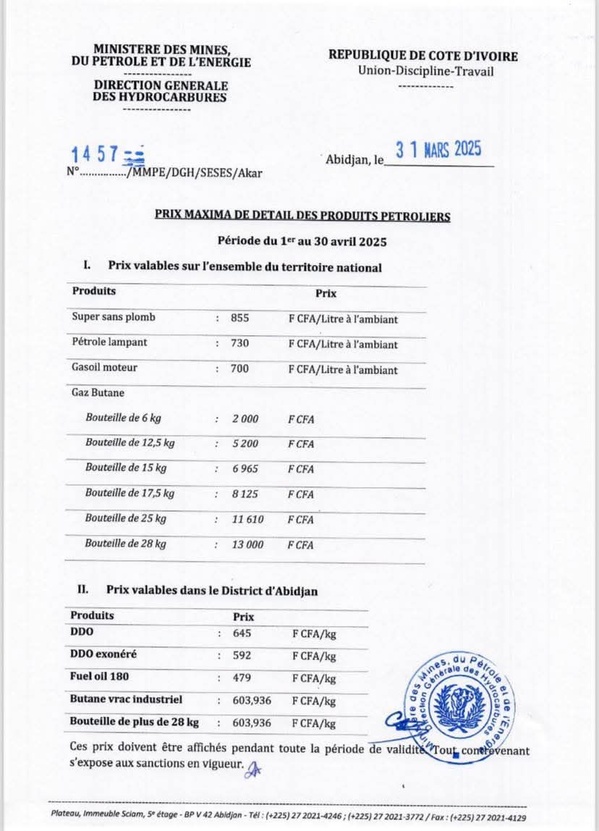 Baisse du prix des carburants en Côte d'Ivoire dès ce 1er avril 2025 : voici les nouveaux les tarifs officiels Baisse du prix des carburants en Côte d'Ivoire dès ce 1er avril 2025 : voici les nouveaux les tarifs officiels