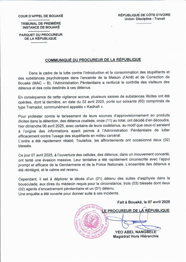 Tentative d'évasion à la prison de Bouaké ce 7 avril 2025 : Un mort Tentative d'évasion à la prison de Bouaké ce 7 avril 2025 : Un mort