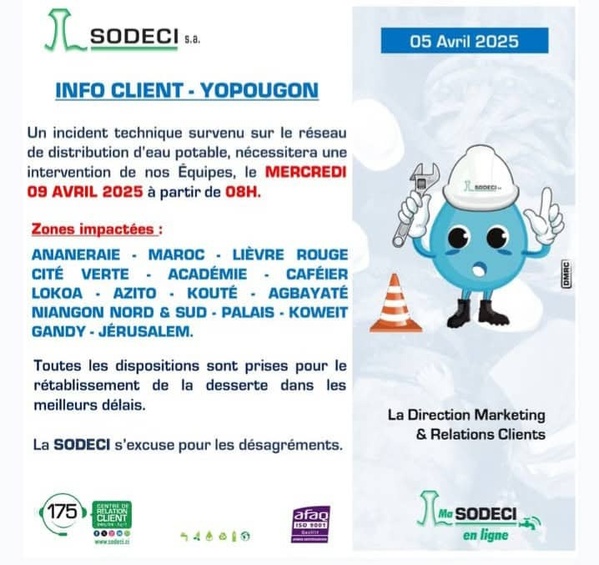 Coupure d'eau à Yopougon : la SODECI annonce une intervention sur le réseau d'eau potable ce 9 avril 2025 Coupure d'eau à Yopougon : la SODECI annonce une intervention sur le réseau d'eau potable ce 9 avril 2025