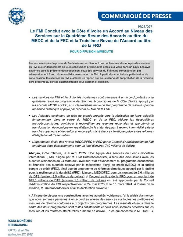 La Côte d'Ivoire et le FMI concluent un nouvel accord financier environ 740 millions de dollars