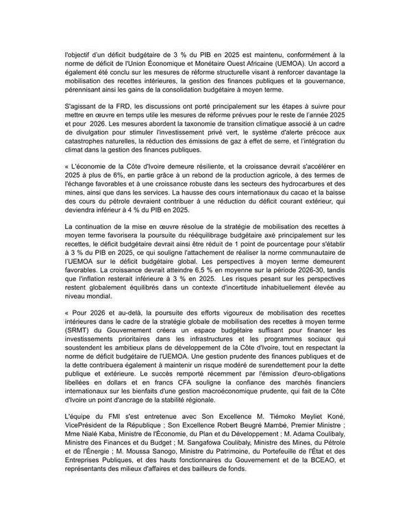 La Côte d'Ivoire et le FMI concluent un nouvel accord financier environ 740 millions de dollars