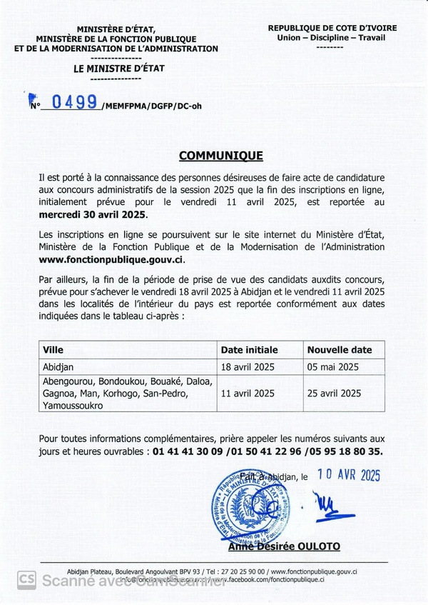 Concours de la fonction publique 2025 en Côte d'Ivoire : les inscriptions reportées du 11 au 30 avril Concours de la fonction publique 2025 en Côte d'Ivoire : les inscriptions reportées du 11 au 30 avril