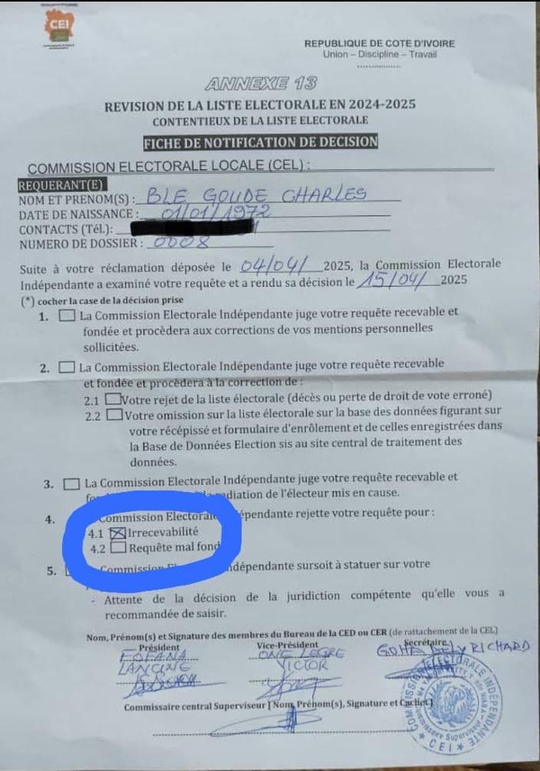 Exclusion de la liste électorale 2025 : la CEI déclare irrecevable le recours de Blé Goudé