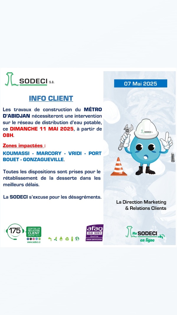 La SODECI annonce une coupure d'eau dans plusieurs quartiers d'Abidjan à partir du dimanche 11 mai 2025 : voici les zones touchées La SODECI annonce une coupure d'eau dans plusieurs quartiers d'Abidjan à partir du dimanche 11 mai 2025 : voici les zones touchées