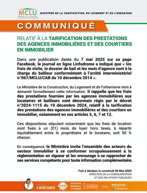 Immobilier en Côte d'Ivoire: les frais d'agence désormais partagés entre bailleurs et locataires Immobilier en Côte d'Ivoire: les frais d'agence désormais partagés entre bailleurs et locataires