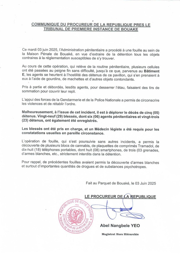 Affaire mutinerie à la prison de Bouaké ce 3 juin 2025 : 5 morts, les précisions de l'Administration pénitentiaire