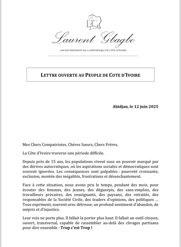 Lettre ouverte de Laurent Gbagbo au peuple de Côte d'Ivoire ce 12 juin 2025 Lettre ouverte de Laurent Gbagbo au peuple de Côte d'Ivoire ce 12 juin 2025