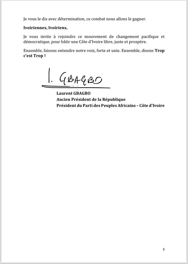 Lettre ouverte de Laurent Gbagbo au peuple de Côte d'Ivoire ce 12 juin 2025