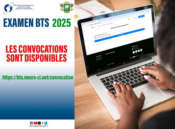 Les convocations BTS 2025 Côte d'Ivoire sont disponibles depuis le 9 juillet sur bts.mesrs-ci.net © Crédit photo DR Les convocations BTS 2025 Côte d'Ivoire sont disponibles depuis le 9 juillet sur bts.mesrs-ci.net © Crédit photo DR
