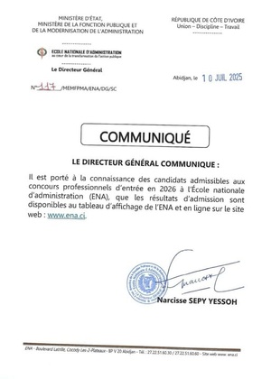 Résultats ENA 2026 concours professionnel disponibles en Côte d'Ivoire : liste des admis, consulter Résultats ENA 2026 concours professionnel disponibles en Côte d'Ivoire : liste des admis, consulter