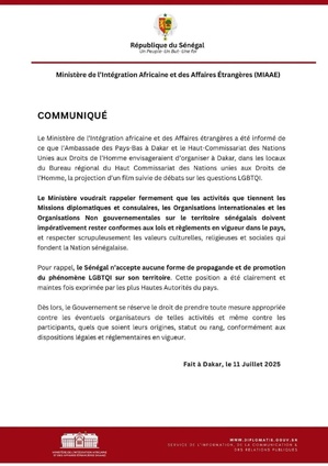 Le Sénégal interdit la projection d'un film LGBTQI à Dakar organisée par l'Ambassade des Pays-Bas