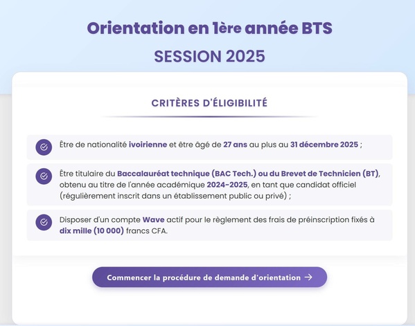 Orientations 1ère BTS professionnel technique 2025-2026 des nouveaux bacheliers ivoiriens © Crédit photo DR