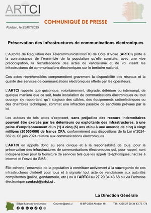 Vandalisme des infrastructures télécoms en Côte d'Ivoire : l'ARTCI brandit la menace pénale
