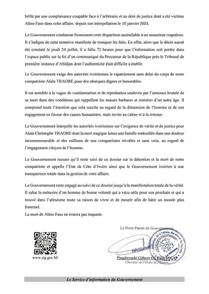 Mort d'Alino Faso à Abidjan : le Burkina rejette la thèse du suicide