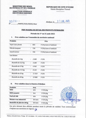 Prix carburants en Côte d'Ivoire : voici les tarifs pour le mois d'août 2025