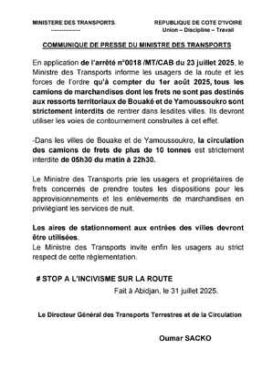 Interdiction des camions des poids lourds à Bouaké et Yamoussoukro dès ce 1er août 2025 Interdiction des camions des poids lourds à Bouaké et Yamoussoukro dès ce 1er août 2025
