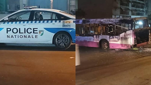 Un bus SOTRA incendié et un véhicule de la police endommagé à Yopougon dans la nuit du 1er au 2 août © Crédit photo DR Un bus SOTRA incendié et un véhicule de la police endommagé à Yopougon dans la nuit du 1er au 2 août © Crédit photo DR
