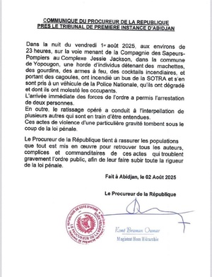 Attaque à Yopougon le 1er août 2025 : le procureur se prononce 