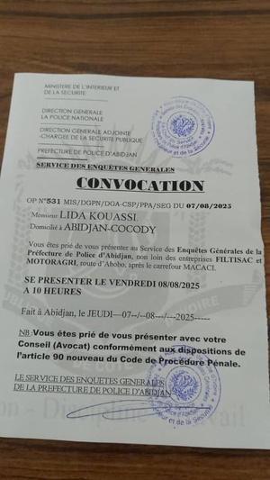 Lida Kouassi convoqué à la police ce vendredi
