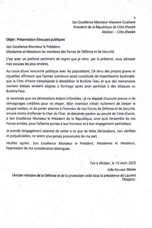 La lettre de Lida Kouassi qui demande pardon à Alassane Ouattara après ses propos polémiques sur l'armée ivoirienne La lettre de Lida Kouassi qui demande pardon à Alassane Ouattara après ses propos polémiques sur l'armée ivoirienne