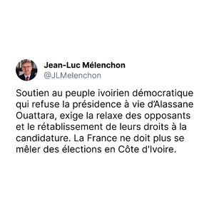 Jean-Luc Mélenchon apporte son soutien à l'opposition ivoirienne contre la candidature de Ouattara Jean-Luc Mélenchon apporte son soutien à l'opposition ivoirienne contre la candidature de Ouattara