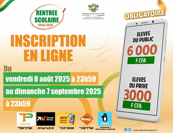 Inscription en ligne pour la rentrée scolaire 2025-2026 en Côte d'Ivoire © Crédit photo DR Inscription en ligne pour la rentrée scolaire 2025-2026 en Côte d'Ivoire © Crédit photo DR