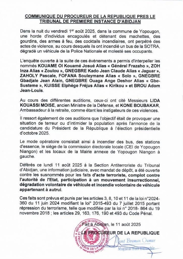 Communiqué du Procureur de la République le 11 août 2025 après la violence à Yopougon Communiqué du Procureur de la République le 11 août 2025 après la violence à Yopougon
