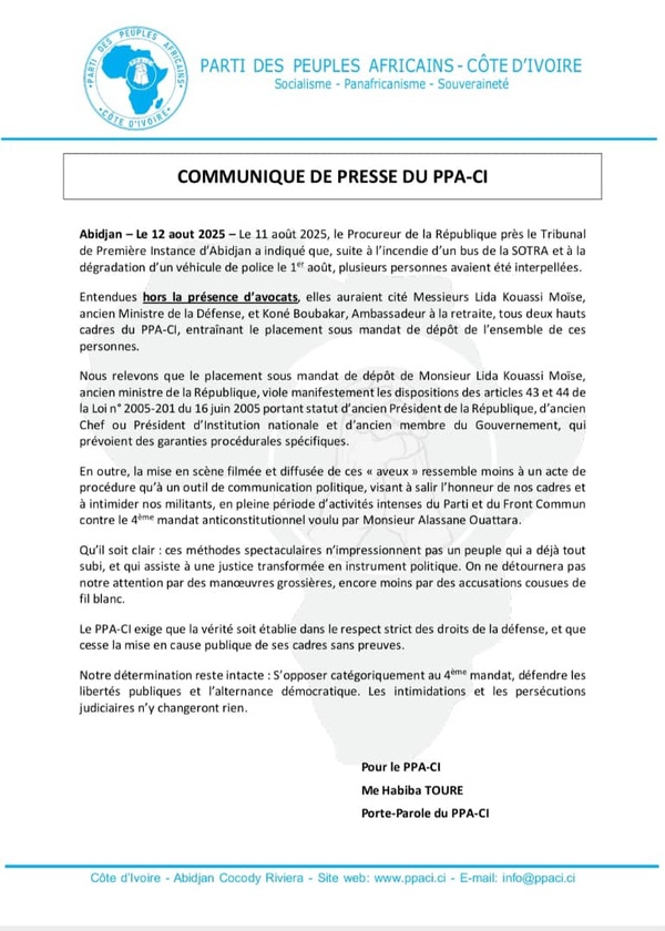 Le communiqué de presse du PPA-CI ce 12 août 2025 qui conteste l'arrestation de Lida Kouassi