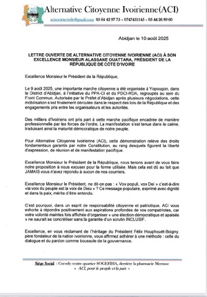 Lettre de Pulchérie Gbalet à Alassane Ouattara : la présidente de l'ACI réclame un dialogue national inclusif