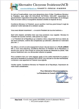 Lettre de Pulchérie Gbalet à Alassane Ouattara : la présidente de l'ACI réclame un dialogue national inclusif Lettre de Pulchérie Gbalet à Alassane Ouattara : la présidente de l'ACI réclame un dialogue national inclusif