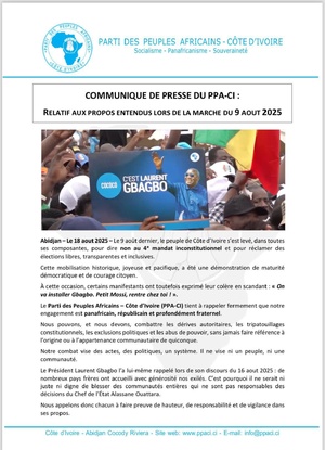 Slogans anti-Ouattara, le PPA-CI clarifie sa position et dénonce une justice "borgne" après la marche du front commun Slogans anti-Ouattara, le PPA-CI clarifie sa position et dénonce une justice "borgne" après la marche du front commun