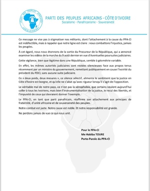 Slogans anti-Ouattara, le PPA-CI clarifie sa position et dénonce une justice "borgne" après la marche du front commun Slogans anti-Ouattara, le PPA-CI clarifie sa position et dénonce une justice "borgne" après la marche du front commun