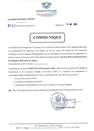 Inscriptions et réinscriptions pour l'année scolaire 2025-2026 au ministère ivoirien de l'Enseignement Technique lancées : dates clés et comment s’inscrire